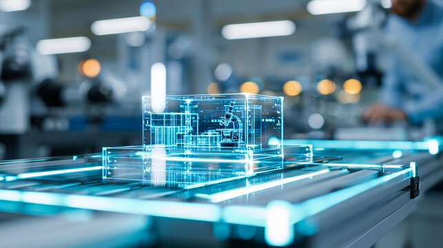 Abstract digital twin simulation running parallel quality validation tests on a virtual product model, smart manufacturing QA and Industry 4.0 concept, defocused background, with
