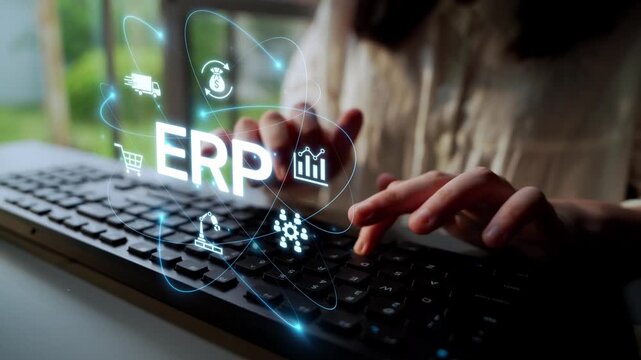 ERP platform visual showing centralized system for enterprise resource planning, improving integration, data flow, business efficiency, finance, inventory, and human resources. Muxer
