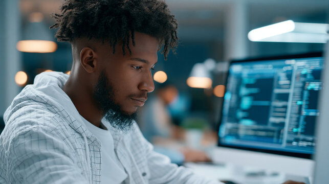 Anonymous multiethnic QA engineer working on finding and fixing bugs in a product or program portrait, quality testing career concept, faceless, defocused, with copy space