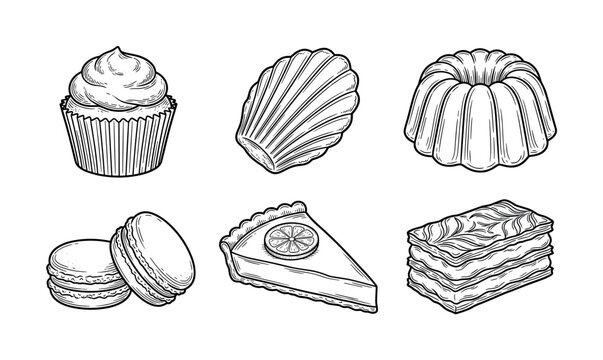 French pastry and dessert line icon set of cupcake, madeleine, bundt cake, macaron, lemon tart, and mille-feuille