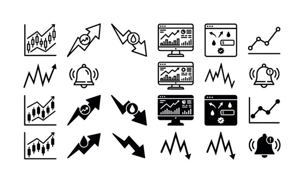 Financial trading and stock market analytics line icons with candlestick charts, trend arrows, dashboard monitors, and notification bells