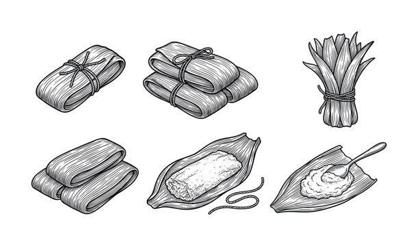 Mexican tamales cooking process line art set with wrapped corn husks, masa dough, and ingredients