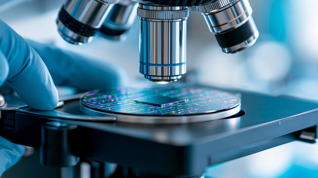 Microchip semiconductor testing with a microscope examining a silicon wafer processor in a cleanroom laboratory, QA development and high precision engineering concept, defocused,