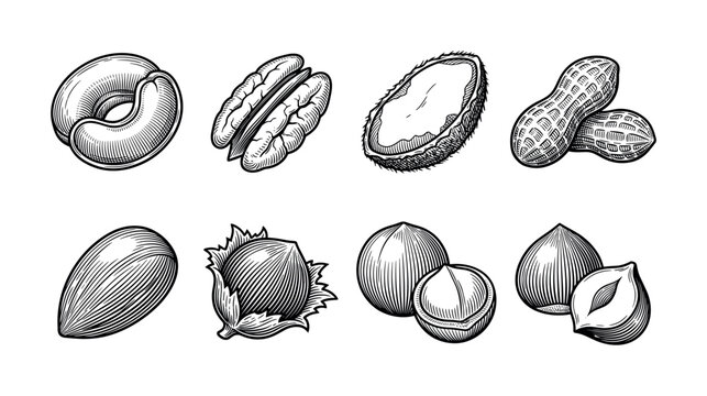 Nuts line icon set of almond, hazelnut, peanut, cashew, pecan, coconut, and macadamia