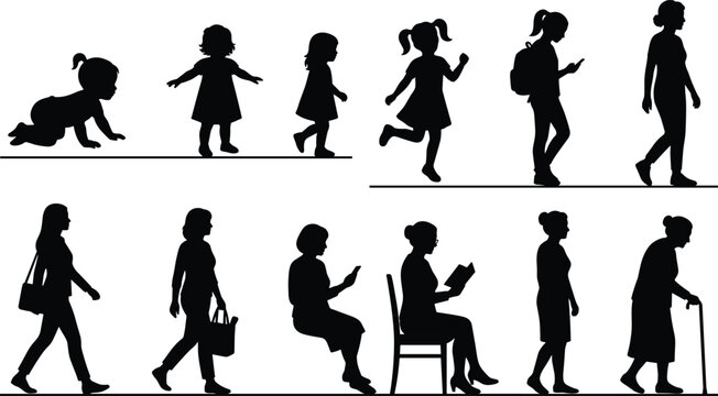 Human life stage silhouettes from infancy to old age for education, healthcare, and lifestyle design projects