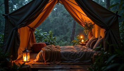 Fototapeta premium This photo captures a luxurious outdoor getaway, or glamping, with a beautifully lit tent nestled in a dense forest
