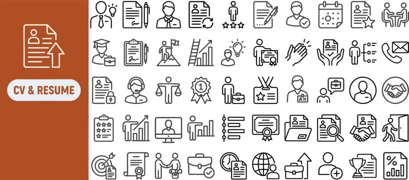 Resume and Job Application outline icon set. Featuring profile, skill, education, contact, and qualification symbols. Editable stroke vector icons for recruitment portal and career site.