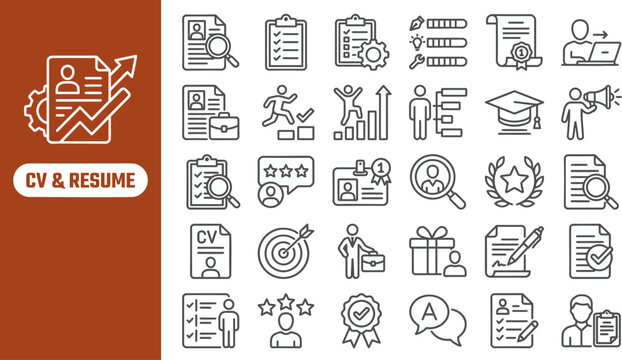Curriculum Vitae and Career Profile outline icon set. Featuring document, graduation, search, star, and award symbols. Editable stroke vector icons for HR screening and talent platform.