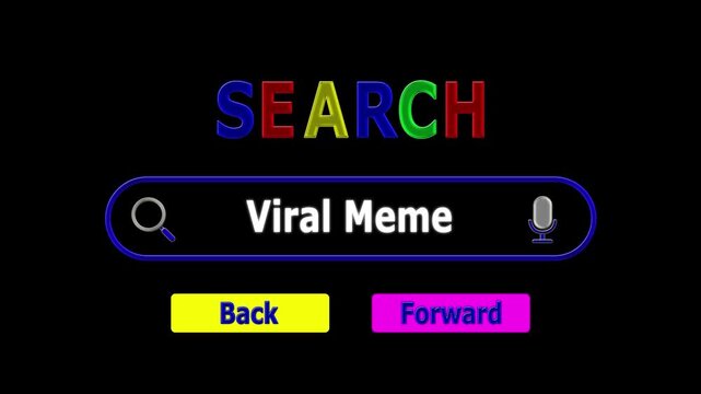 Viral meme search concept with microphone and search bar on white background viral memes microphone internet search. 3D text and video animation.