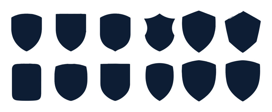 Minimalist shield silhouettes set, 12 security icons vector, black heraldic crest badge shapes