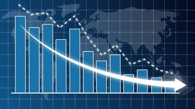 Business graph bar chart with downward arrow and declining line curve. Symbolizing revenue drop, financial loss, negative growth, market downturn, and decrease. financial decline 4k