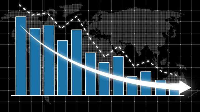 Business graph bar chart with downward arrow and declining line curve. Symbolizing revenue drop, financial loss, negative growth, market downturn, and decrease. financial decline 4k