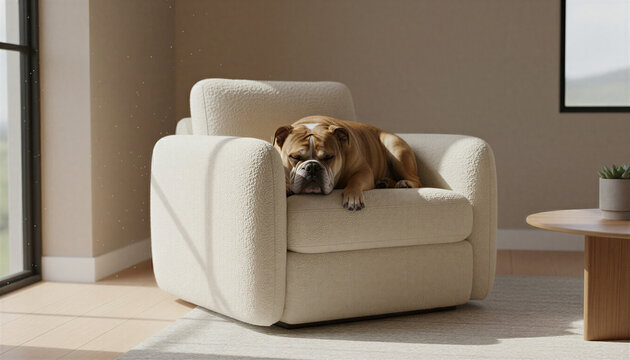 Bulldog relaxing in a cozy armchair in a bright living room