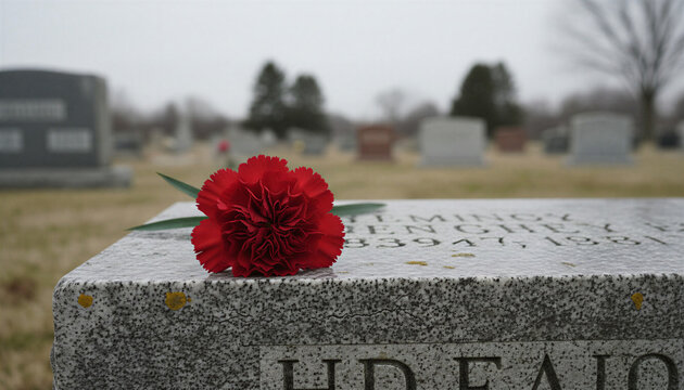 Red carnation flower on a gravestone in a serene cemetery landscape