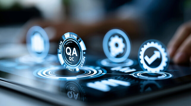 Close-up quality management concept visualization with QA QC and improvement icons on a diagram, compliance and quality assurance photography concept, defocused, with copy space