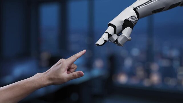A robotic hand pointing at AI symbols in a sleek office environment illustrates the intersection of technology and human interaction in the era of digital innovation. Synapse