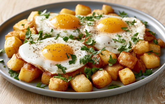 Rustic breakfast plate with crispy potato hash, sunny-side eggs, and fresh parsley in cozy kitchen light.