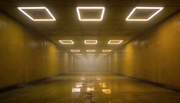 A long, narrow corridor completely lit by neon light. Smooth walls and several open doors line the passage. The overall atmosphere evokes liminal spaces and strange, dreamlike scenes.