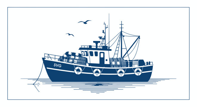 Industrial fishing trawler vessel with seagulls on the ocean