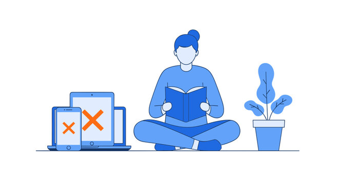 Person Reading Book Surrounded by Digital Devices with Cross Marks