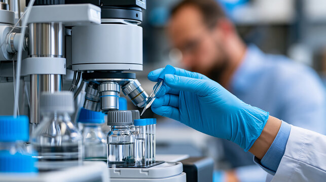 Anonymous pharmaceutical QC analyst using high-performance liquid chromatography equipment to verify drug compound purity, laboratory quality assurance concept, faceless,