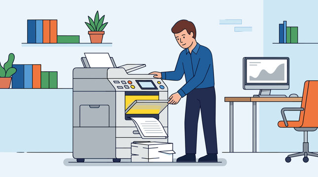 Man operating a large office copier machine in a modern workspace