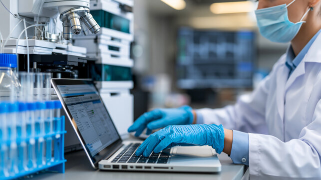 Anonymous pharmaceutical QC analyst using high-performance liquid chromatography equipment to verify drug compound purity, laboratory quality assurance concept, faceless,