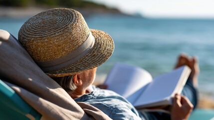 Fototapeta premium Beachgoer relaxing on recliner with straw hat and blank magazine by the ocean