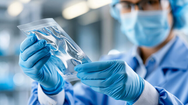 Anonymous cleanroom technician sealing a tested sample in a compliance pouch, traceable quality handling and regulated manufacturing assurance concept, faceless, defocused, with