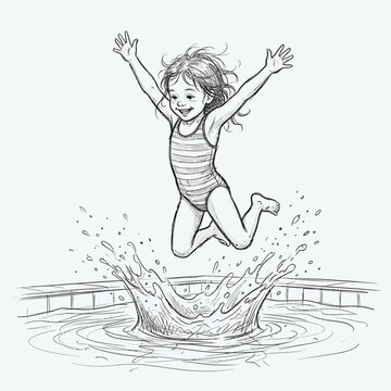 Girl jumping into pool, splash, summer fun, black and white sketch