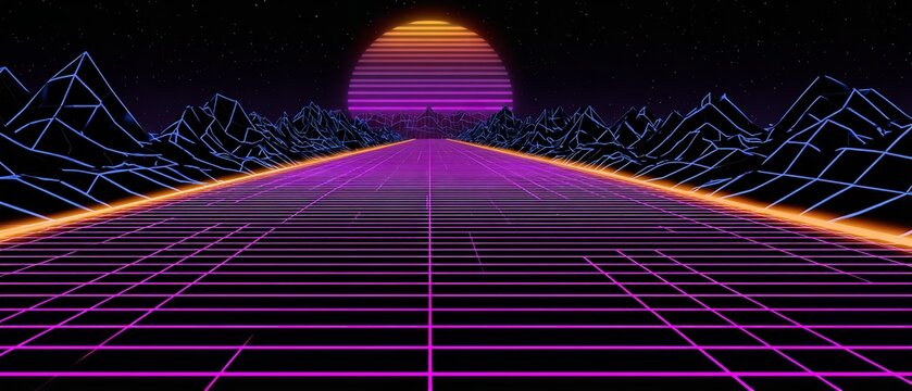 Vibrant neon grids stretch toward a glowing sun