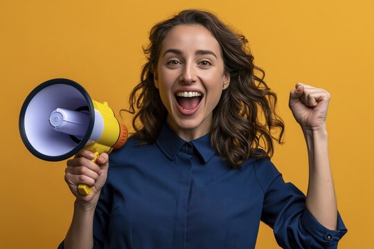 Confident female airline crew member holding megaphone and raising fist on yellow background