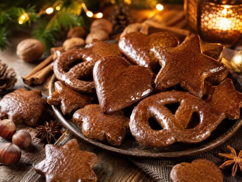 Aachener Printen in verschiedenen Formen auf festlich dekoriertem Tisch. Traditionelles deutsches Weihnachtsgeb&auml;ck mit winterlicher Adventsatmosph&auml;re und warmem Kerzenlicht.
