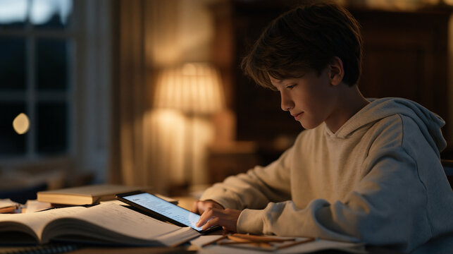 Middle school student at a cluttered homework desk interacts with an AI chat assistant on a tablet, a math textbook open beside scattered pencils as the conversational interface