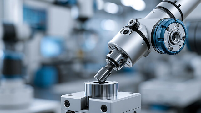 Industrial torque calibration block 3D render with robotic torque testing tool and CNC force validation, smart factory mechanical calibration system concept, defocused, with copy