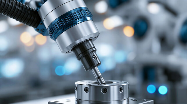 Industrial torque calibration block 3D render with robotic torque testing tool and CNC force validation, smart factory mechanical calibration system concept, defocused, with copy