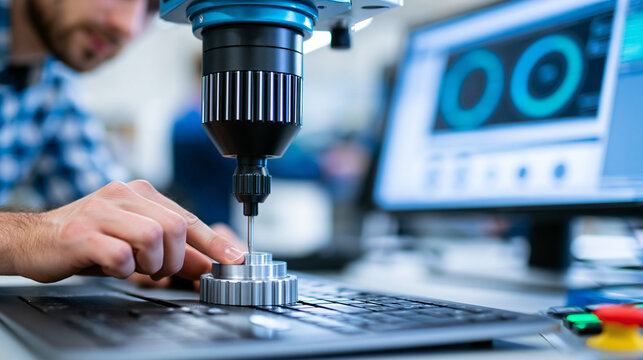 Anonymous automotive quality engineer using a coordinate measuring machine to verify component tolerances on a production part, precision manufacturing QA concept, faceless,