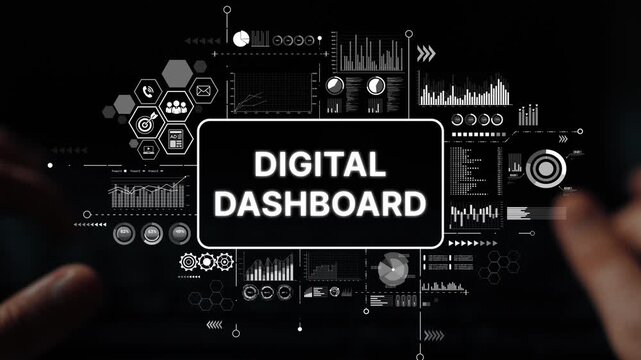 Hands on a Digital Dashboard Interface with Graphs and Data Visualization Elements in Dark Background. Asymptotic smart data analytic.