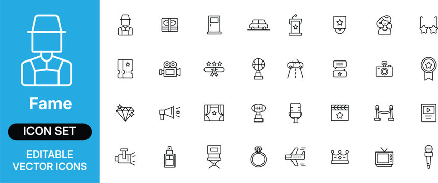 Fame and celebrity lifestyle thin line icon set. Hollywood entertainment, red carpet event, movie industry, and luxury vector linear icons.