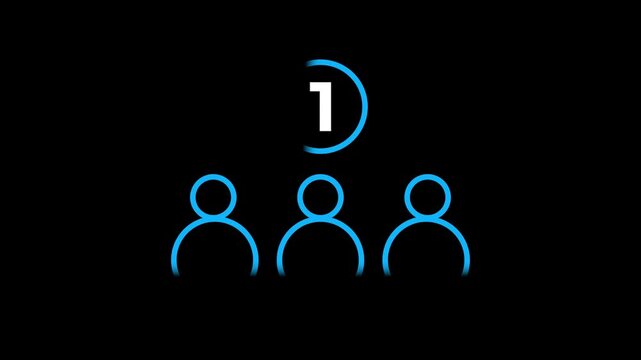 Blue neon line art icon of three people silhouettes with a number one circle symbol above them representing team leader or first place ranking on a dark background
