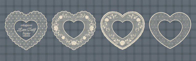 Vintage heart lace frame set. Classic elegant floral lace doilies. Romantic embroidery handkerchief with squiggle shapes, polka dot pattern. Whimsy crochet style borders for greeting cards, scrapbook. © Alena creator