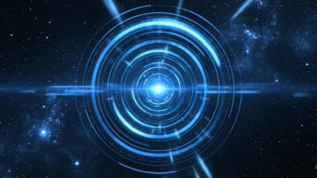 Blue energy portal with circular glowing tech rings.