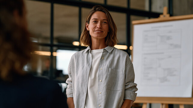 Knowledge management specialist in golden hour light at a glass-walled office presents a searchable content library architecture to department heads, enterprise taxonomy