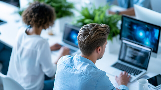 Anonymous AI startup team viewed from above developing software in a calm modern office during QA testing in soft daylight, faceless, defocused, with copy space