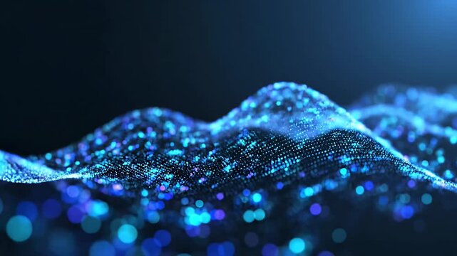 Blue glowing particle wave mountains with soft bokeh.