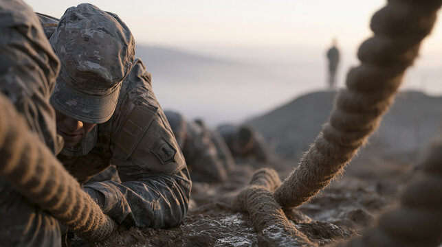 Army Reserve soldiers in camouflage uniforms low-crawl beneath rope obstacles on a muddy training field, drill sergeant observing from a ridge above, early morning mist hanging