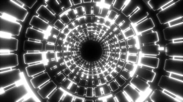 Flying through futuristic cyber tunnel with pulsating neon rays and sparkling data particles, abstract technology vortex black background, seamless looping 3d animation in 4k.