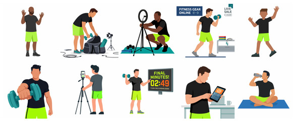 Fototapeta premium Set of Flat Vector Illustrations of Male Fitness Influencers Vlogging, Live Streaming Workouts, and Promoting Gym Equipment Online