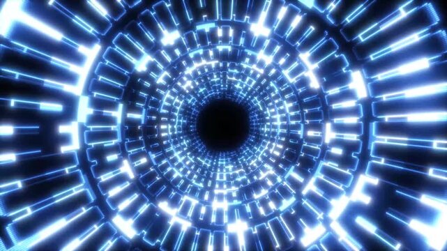 Futuristic neon data stream tunnel with blue glowing particles, hyper speed light trails and digital network vortex, seamless 3d cyber space loop black background in 4k video.