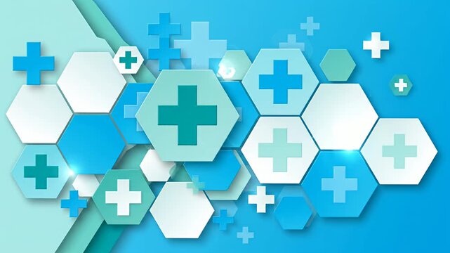 Blue medical background with hexagons and cross icons.